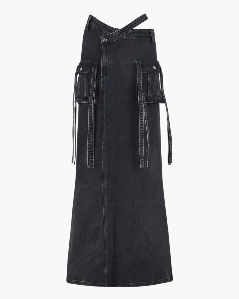 WASHED BLACK DRILL LONG SKIRT