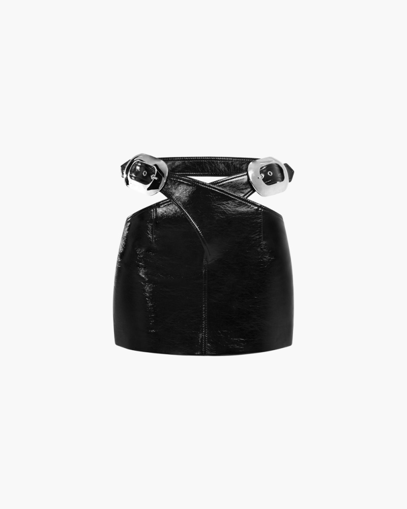 BELTED LACQUER MINI SKIRT