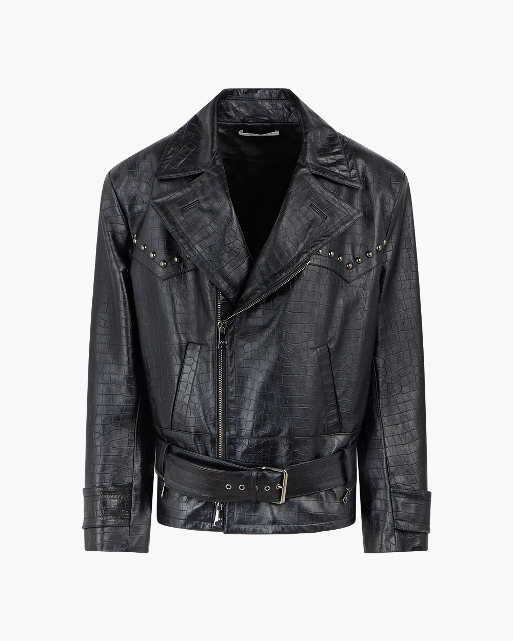 BLACK OVERSIZE BIKER JACKET IN CROCO-PRINT LEATHER WITH STUDS