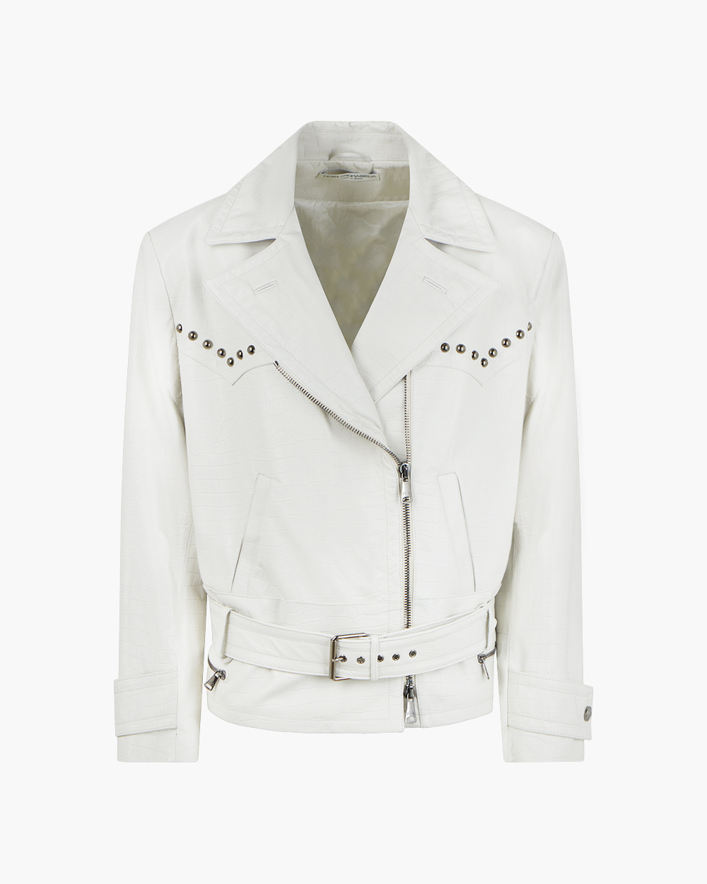 WHITE OVERSIZE BIKER JACKET IN CROCO-PRINT LEATHER WITH STUDS